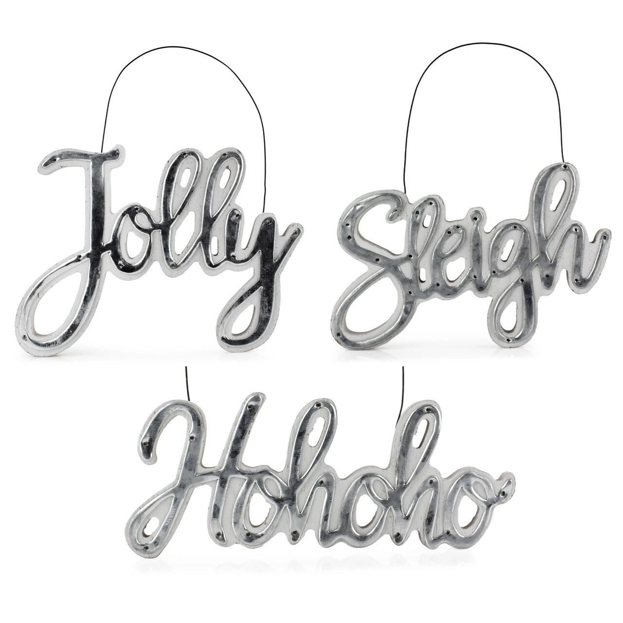 Rustic Galvanized Tin Script Ornaments Jolly Sleigh HoHoHo 3ct